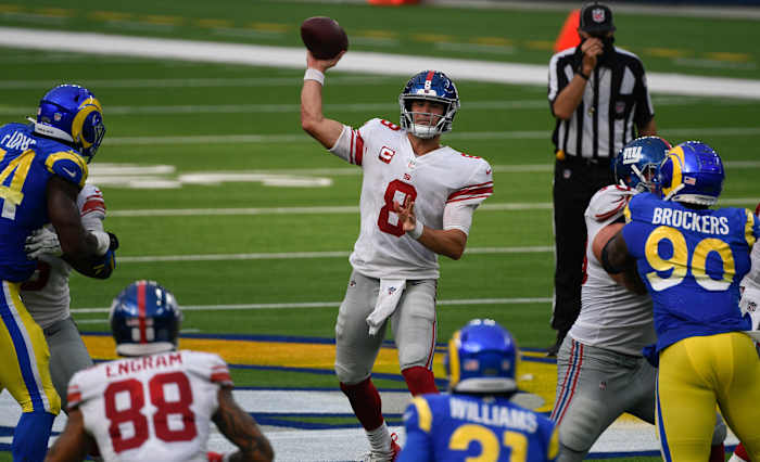 Oct 4, 2020; Inglewood, California, USA; New York Giants quarterback Daniel Jones (8) throws a pass during the fourth quarter against the Los Angeles Rams at SoFi Stadium.